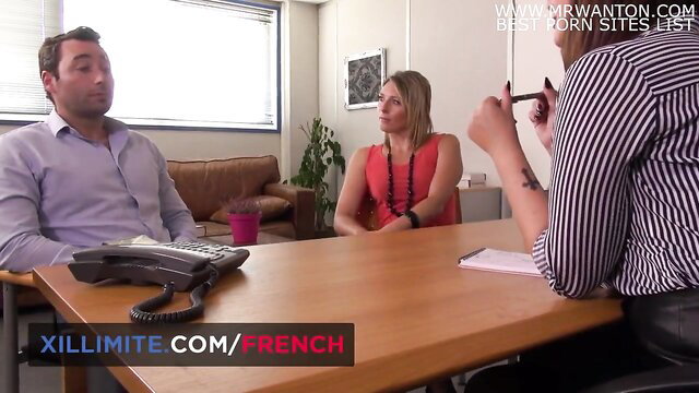 French blonde in office job interview with two men, anal threesome tease