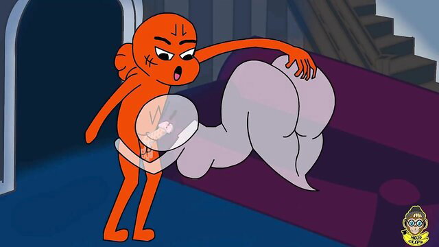 Darwin fucks Carrie: cartoon ghost girl bent over, orange boy groping ass and tits