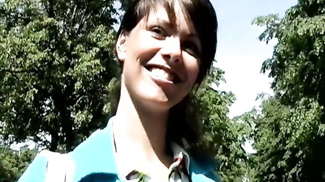 Hot young teen smiling outdoors in blue top, naughty suburban amateur tease