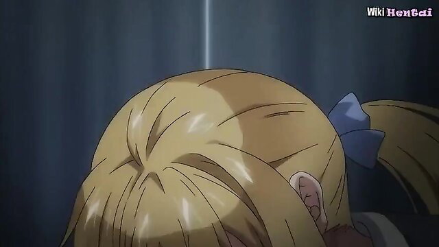 Blonde anime girl in hentai with blue ribbon ponytail closeup