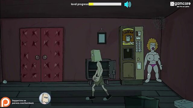 Cartoon Cockman raw debauchery with busty blonde zombie slut by coffee machine