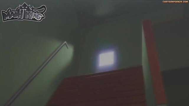 Dark green stairwell with railing in cartoon porn thumbnail
