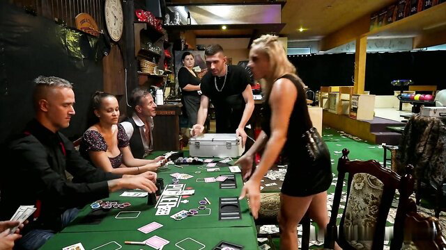 Blonde in mini dress loses poker game, gets fucked hard by guys