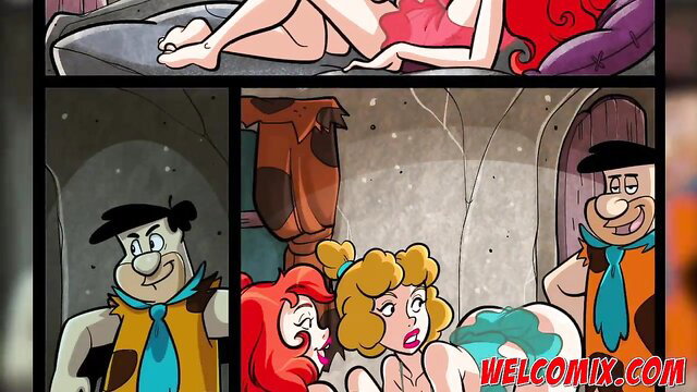 Flintstones cartoon porn: Fred Barney fuck redhead & blonde virgins threesome