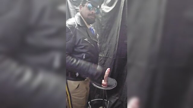 Leather jacket cop Learubbon stroking big cock solo in uniform
