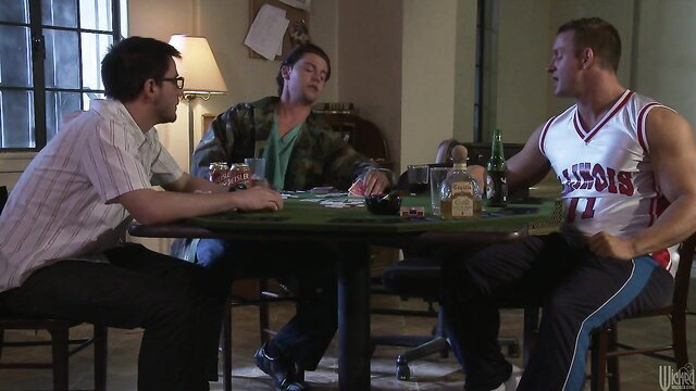 Three men playing poker and drinking in Unfinished Business gay scene