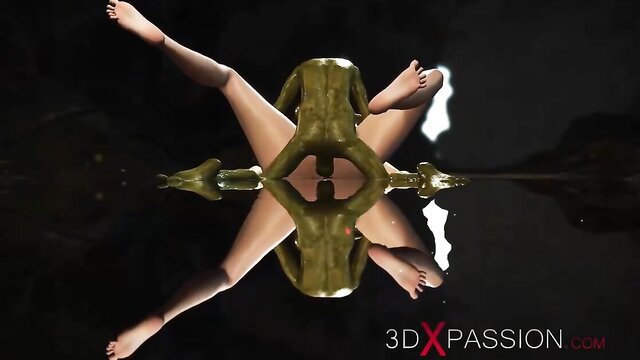 Nude 3D cartoon babe in flexible splits pose over reflection