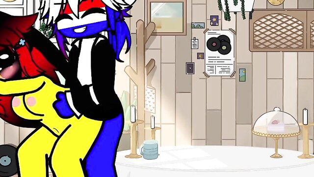 Animated purple-haired couple in explicit bedroom sex pose