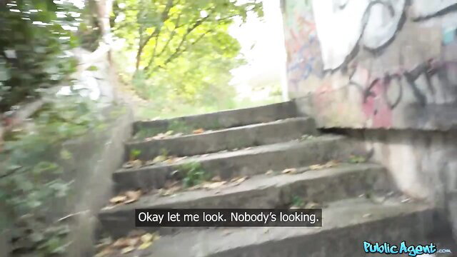 Apra Shay long hair beauty checks surroundings on graffiti stairs Fakehub