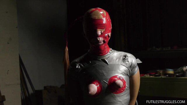 Diamondly mummified in duct tape bondage, exposed tits, red tape hood