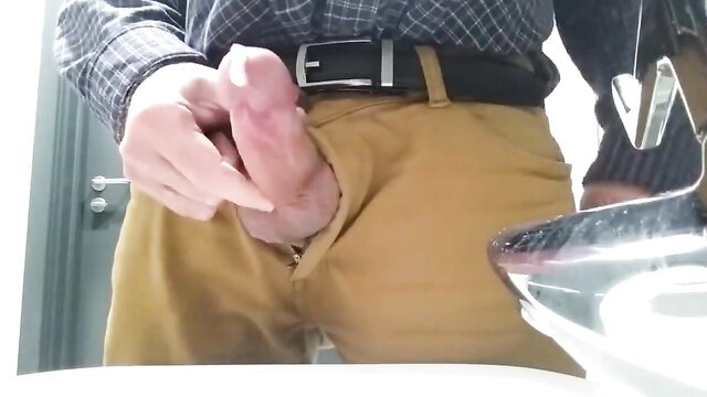 Dad stroking thick white cock in khakis handjob closeup