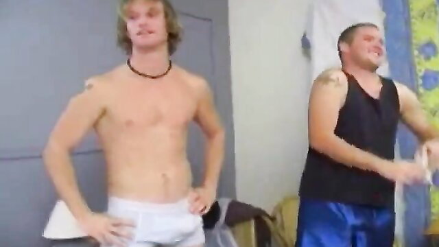 Two hot straight college guys paid to play, shirtless in briefs and shorts