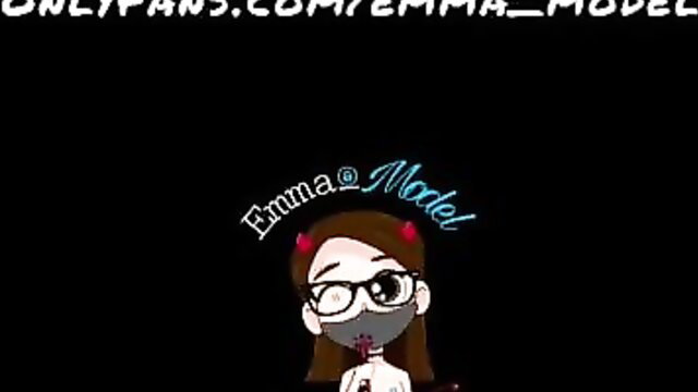 Emma Model chibi anime girl with glasses, mask, devil horns in NSFW strip poker tease