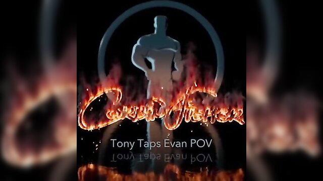 Fiery POV title card with muscular silhouette for Tony Taps Evan adult video