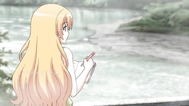 Blonde anime girl with long hair writing by lake in eroge H mo game